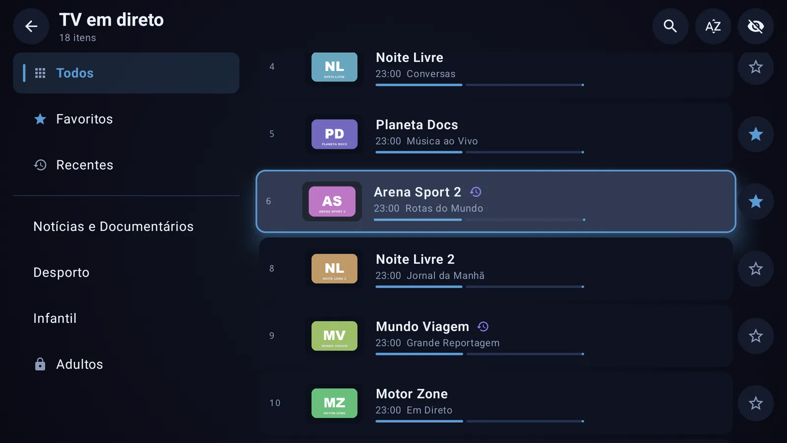 Lista de canais em direto com guia de programação e favoritos